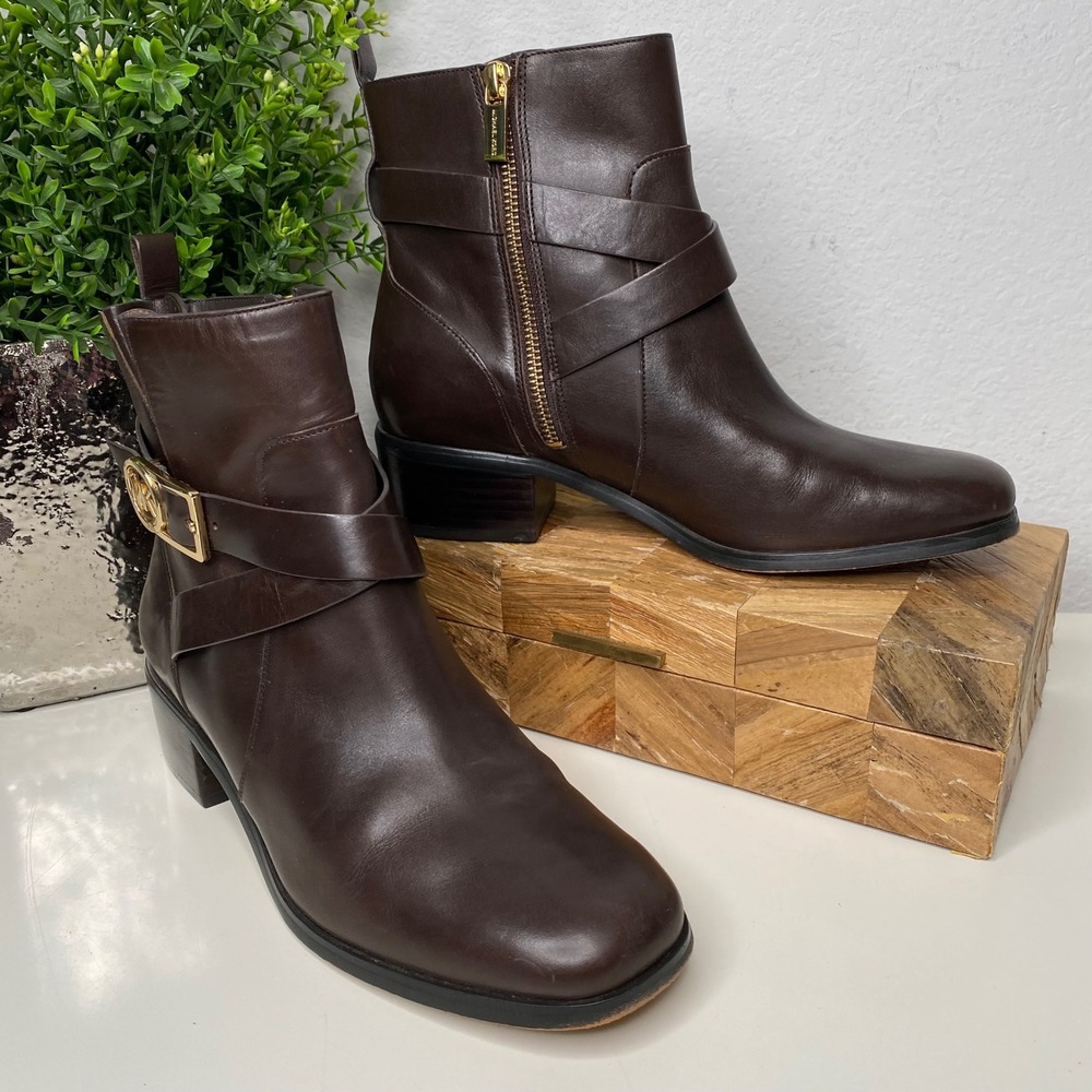 Michael Kors Bryce Chocolate Brown Leather Ankle Boots Side Zip Block Heel SZ 8